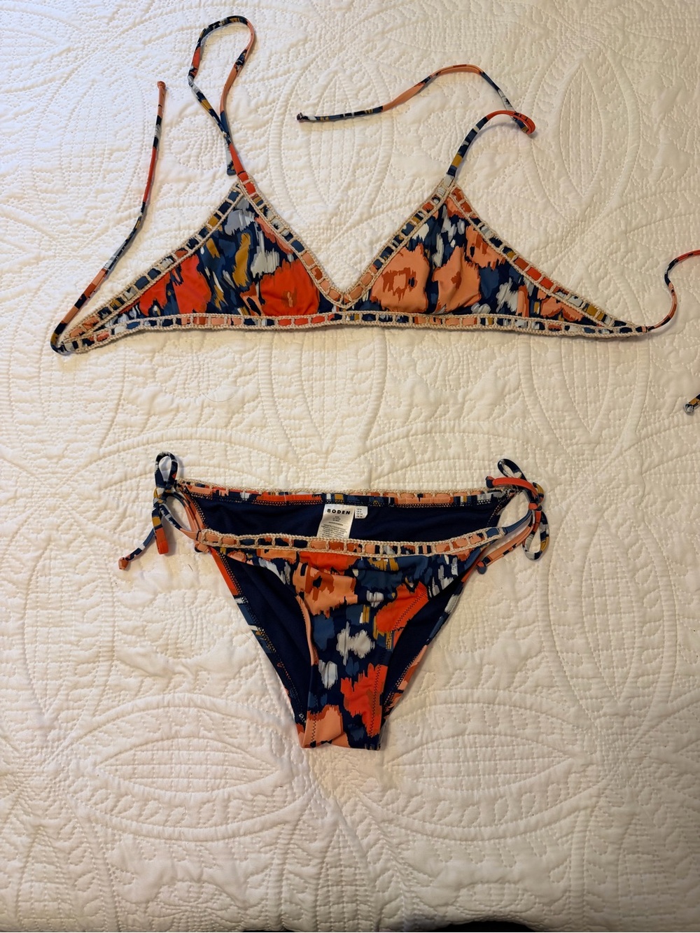 Boden Navy, Coral & Peach Print Triangle Bikini